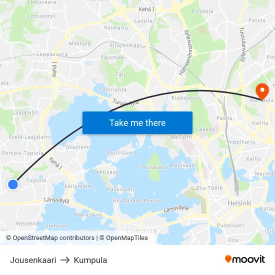 Jousenkaari to Kumpula map