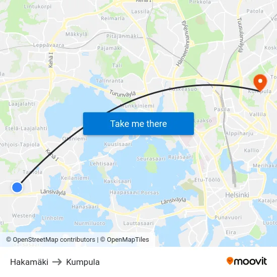 Hakamäki to Kumpula map