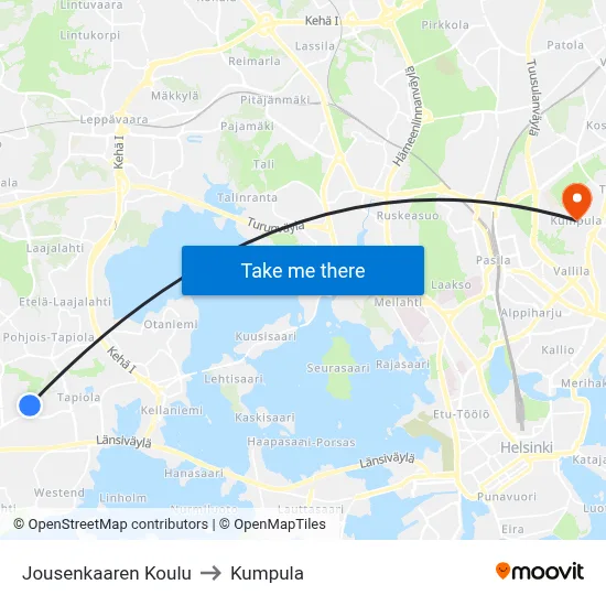Jousenkaari School to Kumpula map