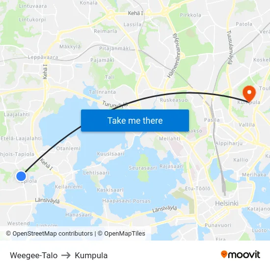 Weegee-Talo to Kumpula map