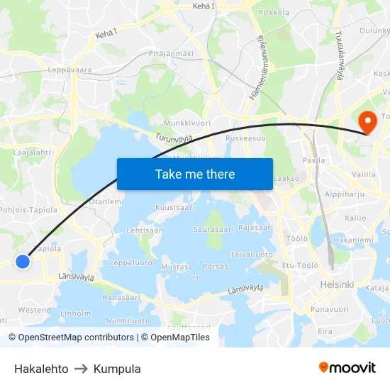 Hakalehto to Kumpula map