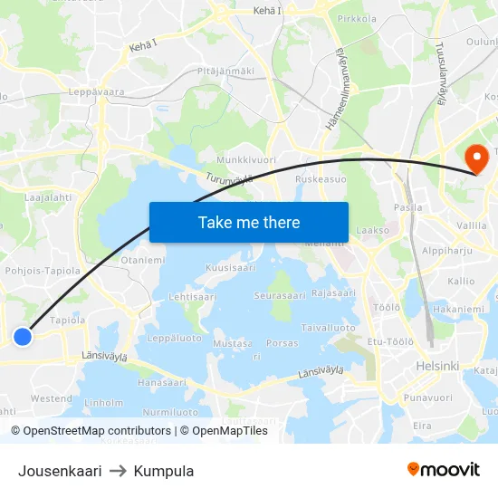 Jousenkaari to Kumpula map