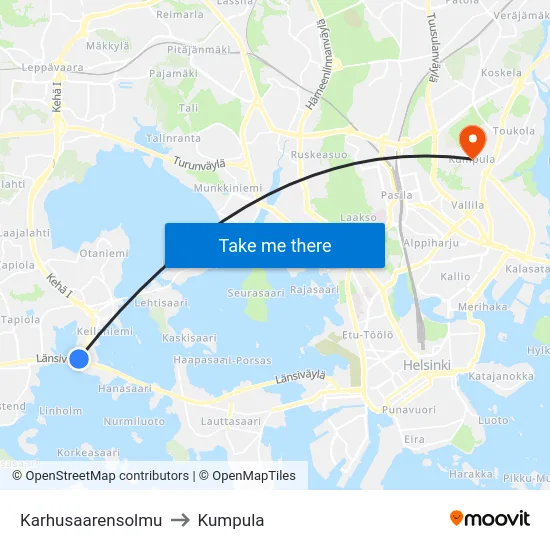 Karhusaarensolmu to Kumpula map