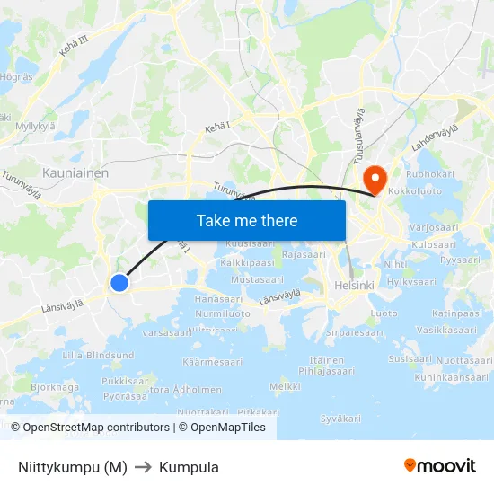Niittykumpu (M) to Kumpula map