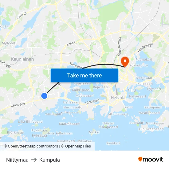Niittymaa to Kumpula map