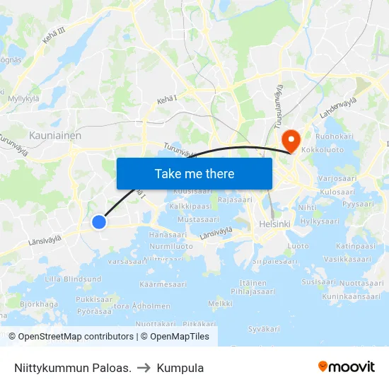 Niittykunnas Fire Station to Kumpula map