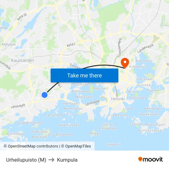 Urheilupuisto (M) to Kumpula map