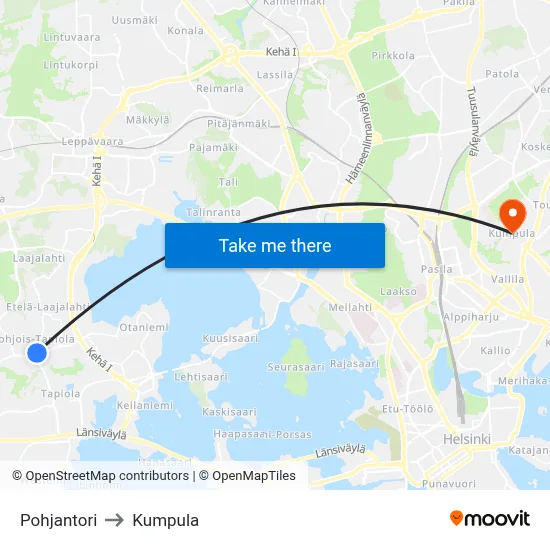 Pohjantori to Kumpula map