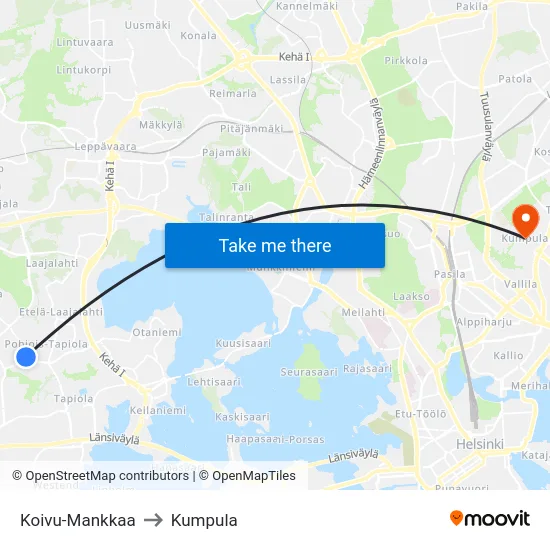 Koivu-Mankkaa to Kumpula map