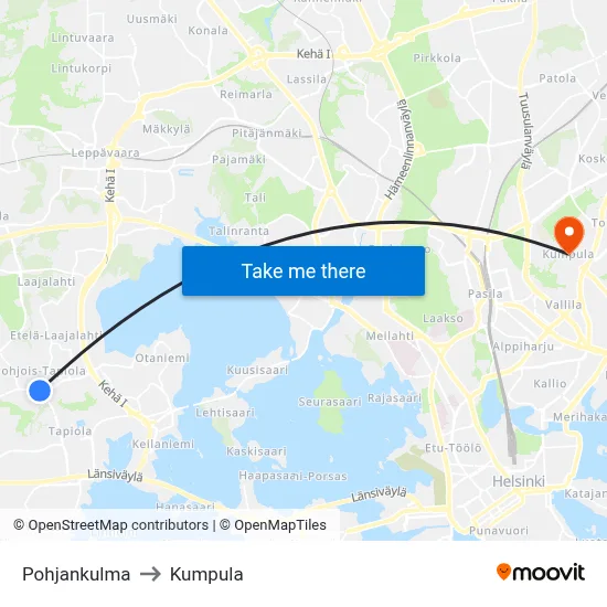 Pohjankulma to Kumpula map