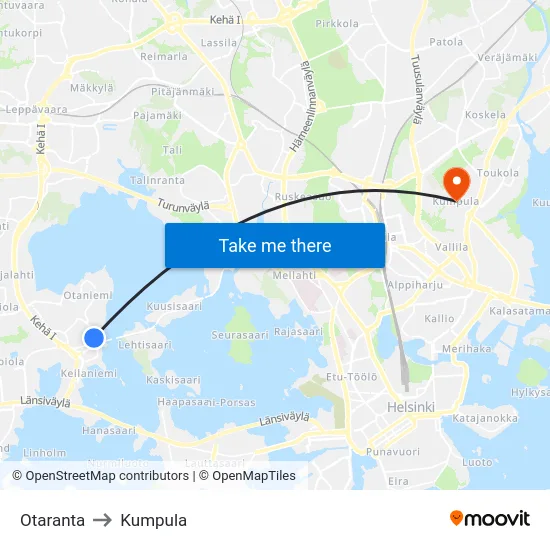 Otaranta to Kumpula map
