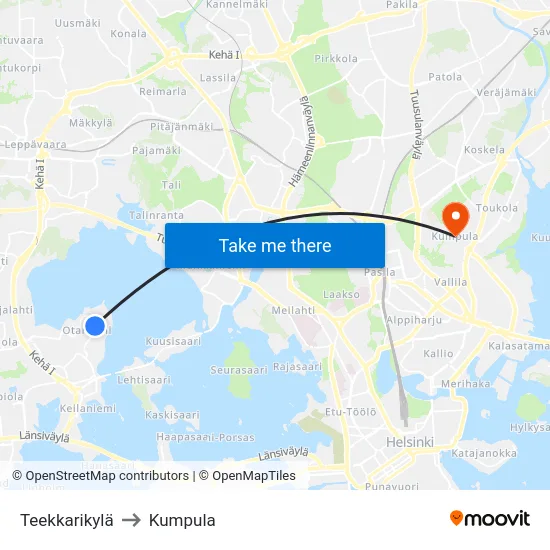 Teekkarikylä to Kumpula map