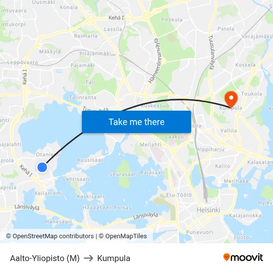 Aalto University (M) to Kumpula map