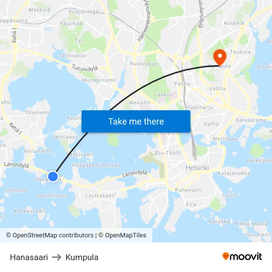 Hanasaari to Kumpula map