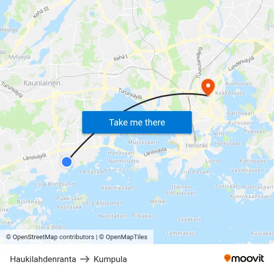 Haukilahti Shore to Kumpula map