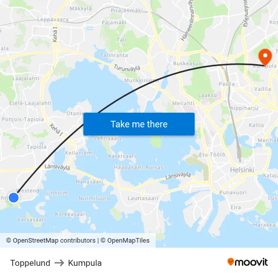 Toppelund to Kumpula map
