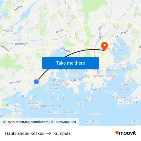Haukilahti Center to Kumpula map