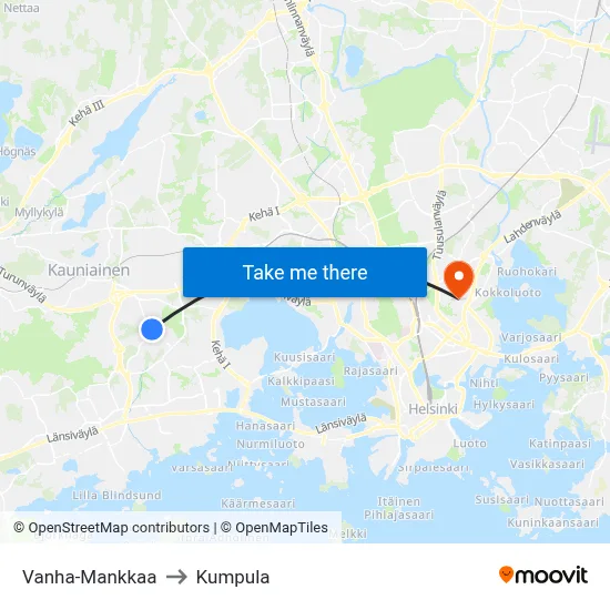 Old Mankkaa to Kumpula map