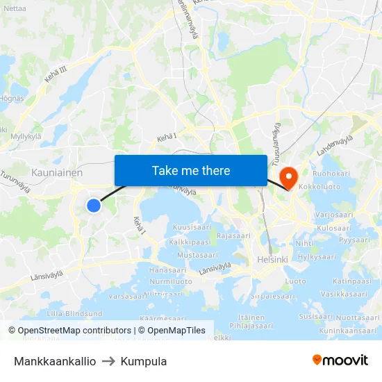 Mankkaa Hill to Kumpula map
