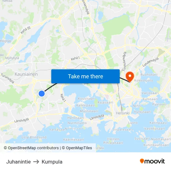 Juhanintie to Kumpula map