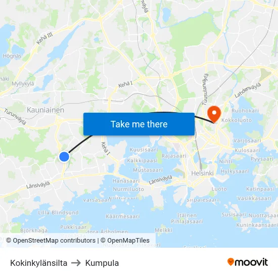 Kokinkyläbridge to Kumpula map