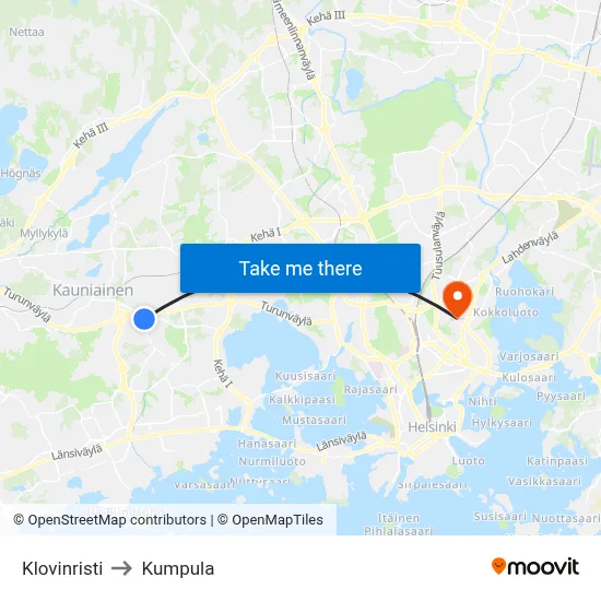 Klovinristi to Kumpula map