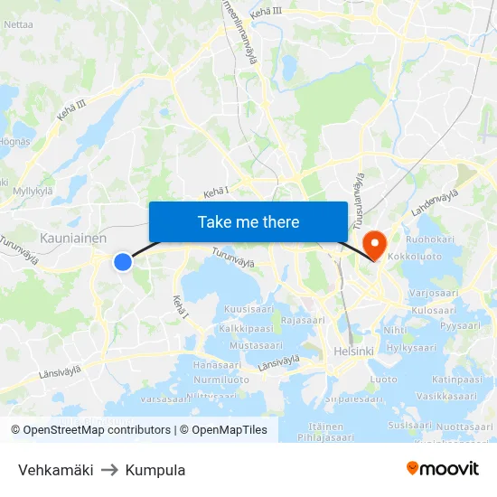 Vehkamaki to Kumpula map