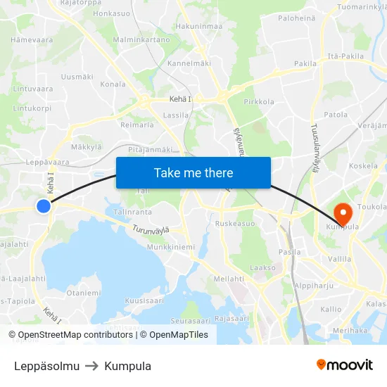 Leppäsolmu to Kumpula map