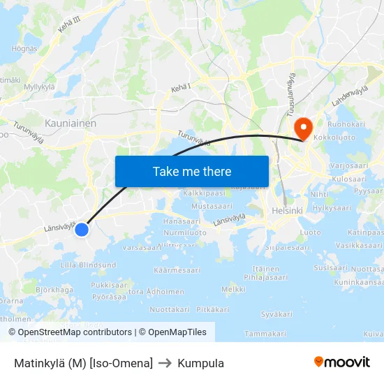 Matinkylä (M) [Iso-Omena] to Kumpula map