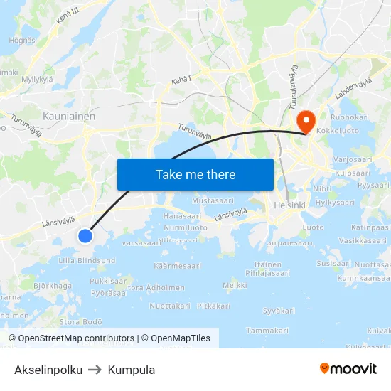 Akselinpolku to Kumpula map