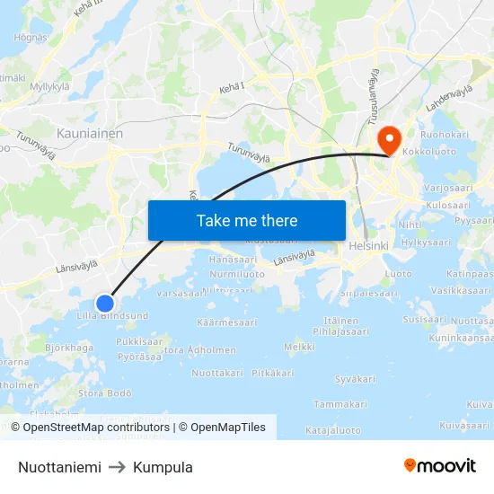 Nuottaniemi to Kumpula map