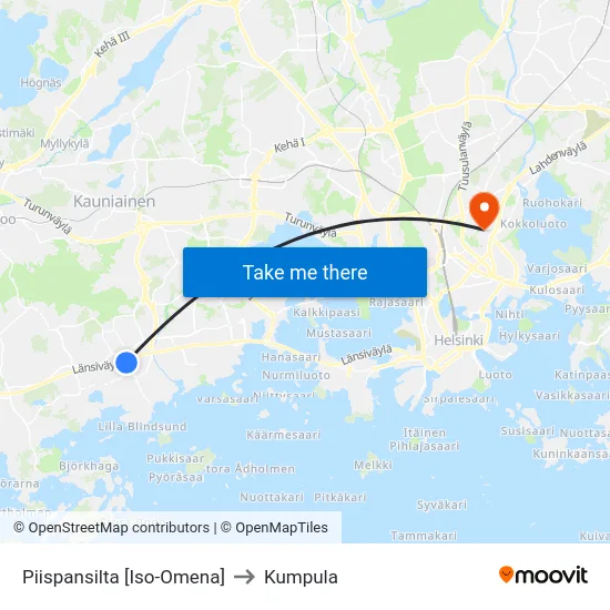 Piispansilta [Iso-Omena] to Kumpula map