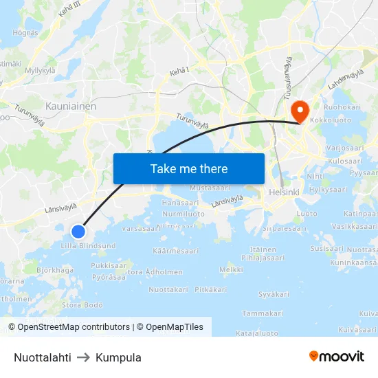 Nuottalahti to Kumpula map