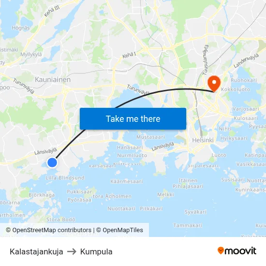 Kalastajankuja to Kumpula map