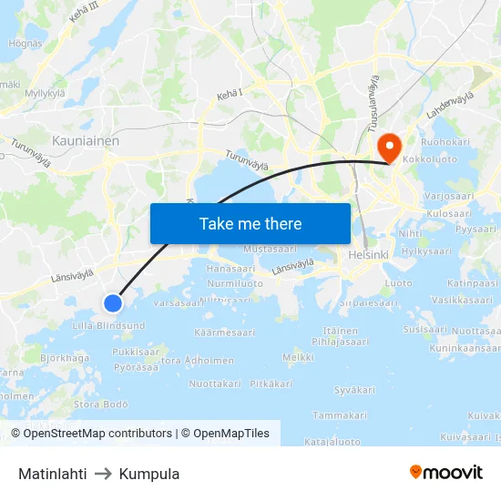 Matinlahti to Kumpula map