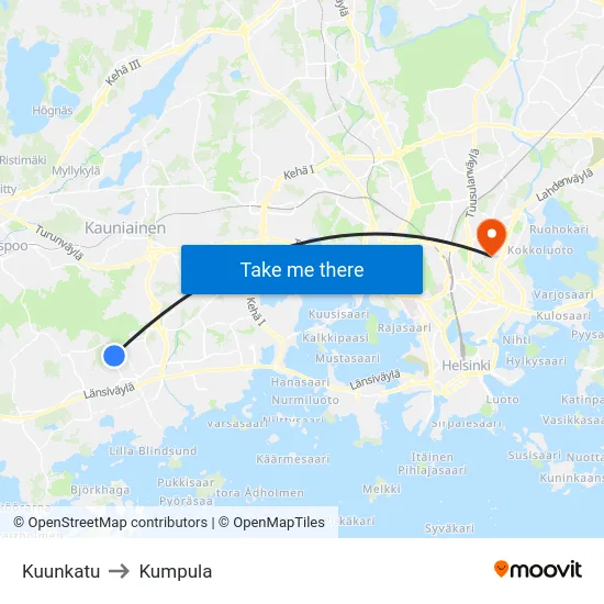 Kuunkatu to Kumpula map