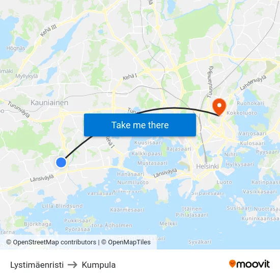 Lystimäenristi to Kumpula map