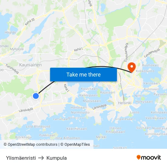 Ylismaki Crossing to Kumpula map