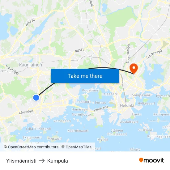 Ylismaki Crossing to Kumpula map