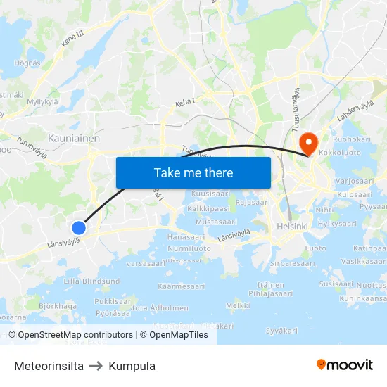 Meteorinsilta to Kumpula map