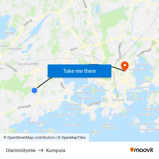 Olarinniitty Road to Kumpula map