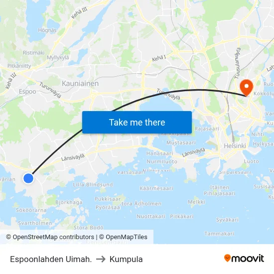 Espoonlahti Swimming Hall to Kumpula map