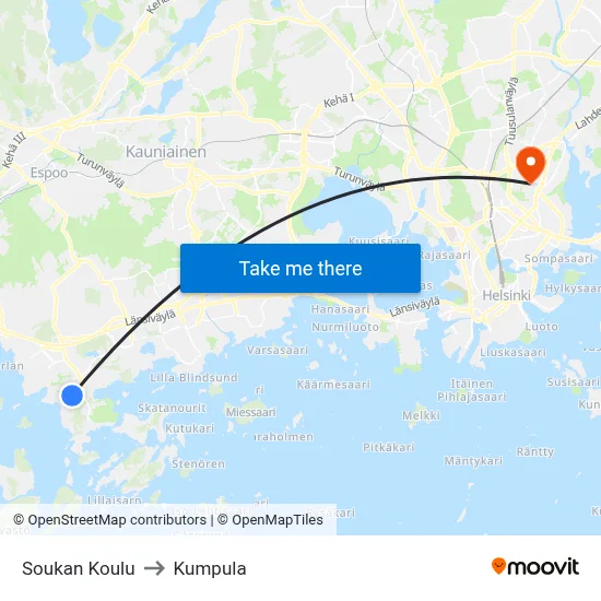 Soukka School to Kumpula map