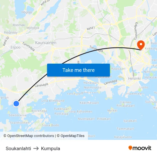 Soukanlahti to Kumpula map