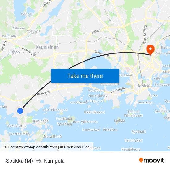 Soukka (M) to Kumpula map