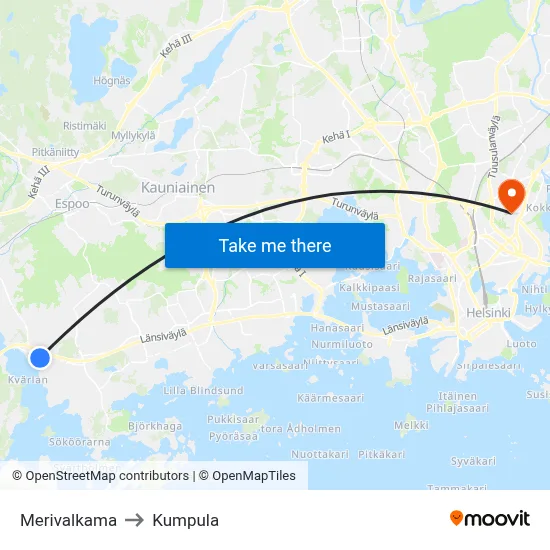 Sea Cove to Kumpula map