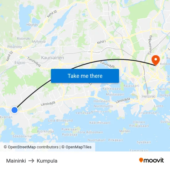Maininki to Kumpula map