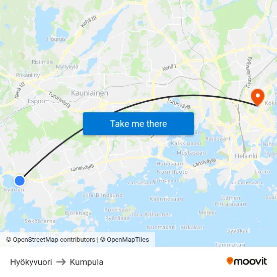 Hyokyvuori to Kumpula map