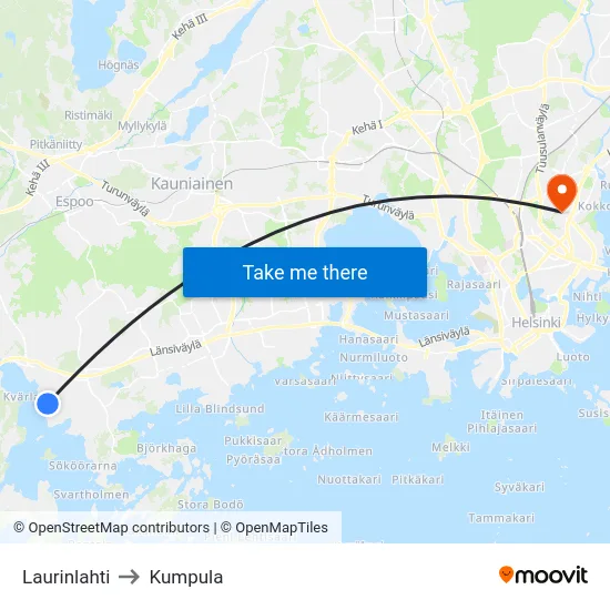 Laurinlahti to Kumpula map