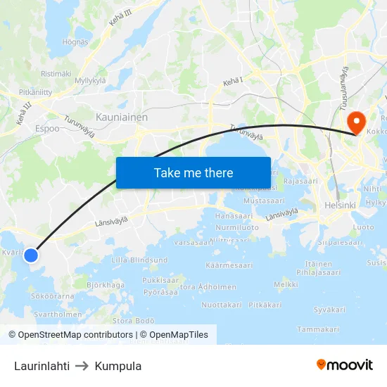 Laurinlahti to Kumpula map
